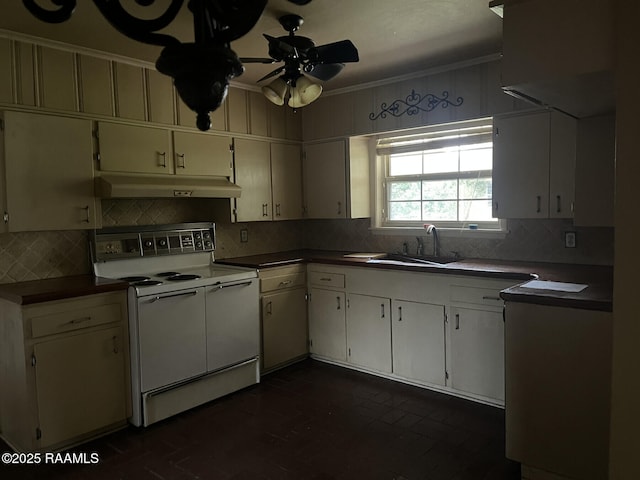 kitchen with electric stove, ceiling fan, decorative backsplash, sink, and white cabinets