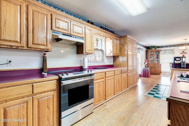 kitchen with stainless steel electric range oven, a chandelier, a wealth of natural light, and hanging light fixtures