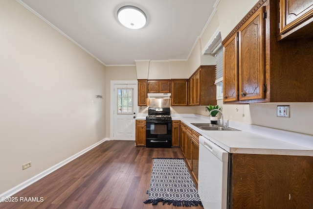 kitchen with dark hardwood / wood-style floors, gas range, dishwasher, crown molding, and sink