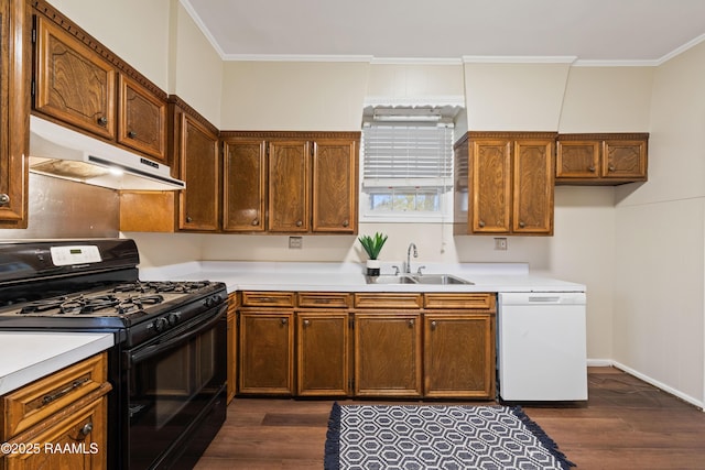 kitchen with black gas range oven, dark wood-type flooring, white dishwasher, crown molding, and sink