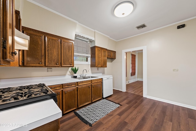 kitchen with exhaust hood, dark wood-type flooring, white dishwasher, crown molding, and sink