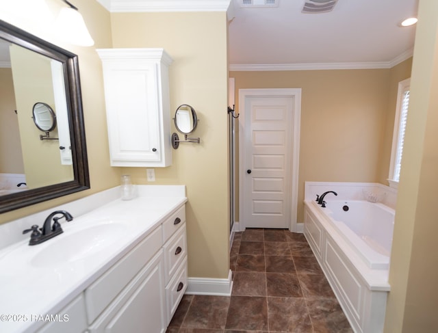 bathroom featuring ornamental molding, vanity, and a washtub