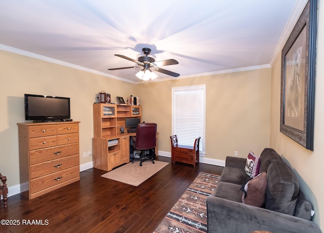 office area with dark wood-type flooring, ceiling fan, and crown molding