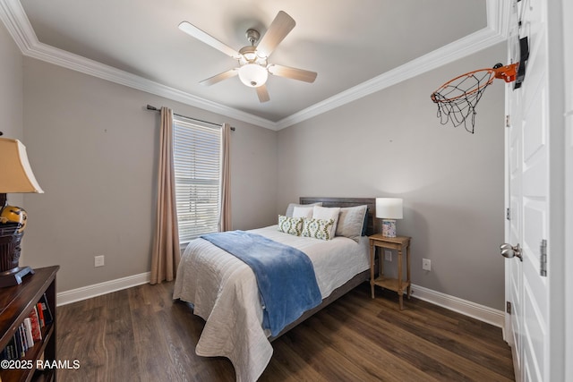 bedroom with dark hardwood / wood-style flooring, ceiling fan, and ornamental molding