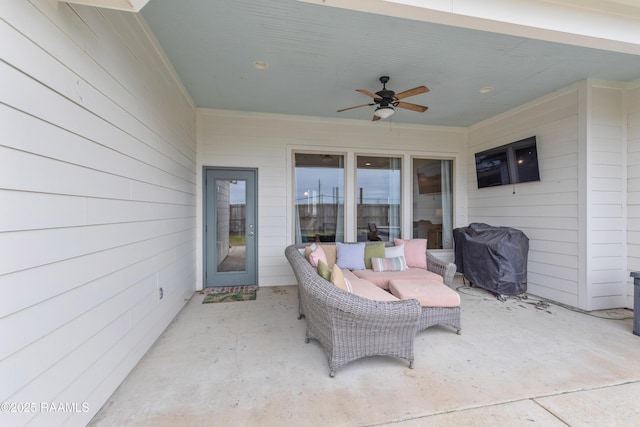 view of patio / terrace with ceiling fan and area for grilling