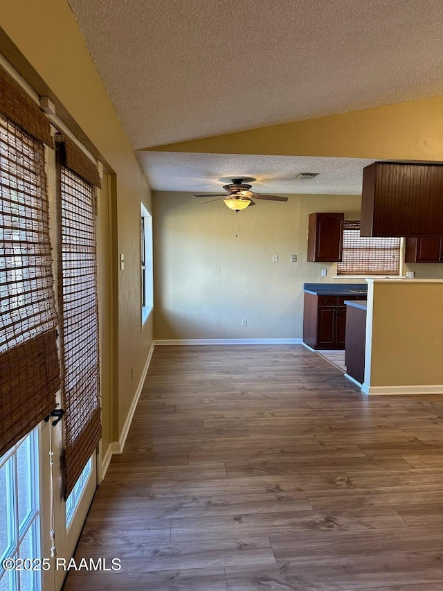 kitchen with wood-type flooring, a healthy amount of sunlight, a textured ceiling, and ceiling fan