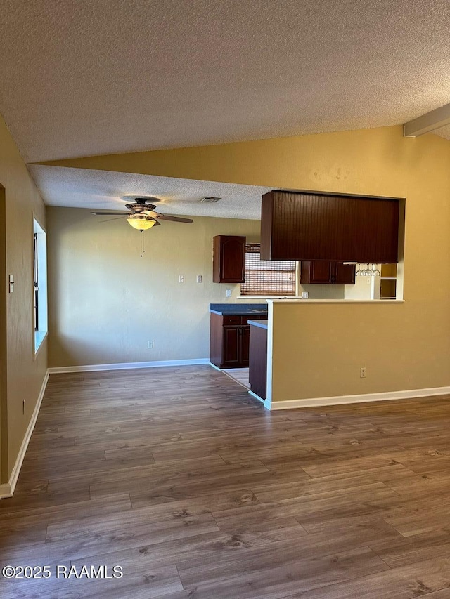 kitchen with hardwood / wood-style flooring, a textured ceiling, and ceiling fan