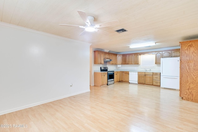 kitchen with white appliances, ornamental molding, ceiling fan, and light hardwood / wood-style flooring