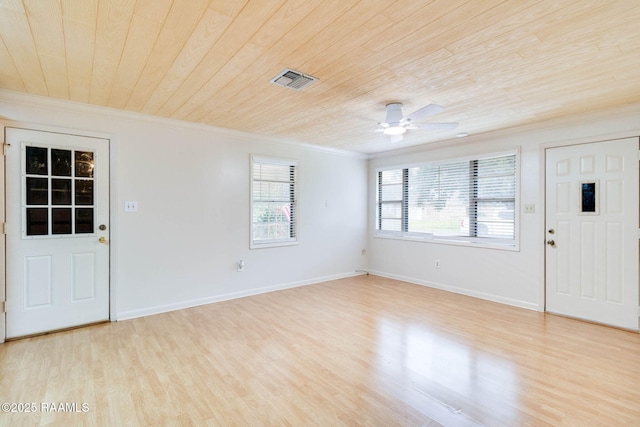 foyer entrance featuring wooden ceiling, light hardwood / wood-style floors, and crown molding