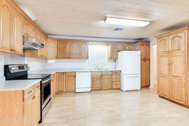 kitchen with sink, white appliances, light brown cabinetry, and light hardwood / wood-style flooring