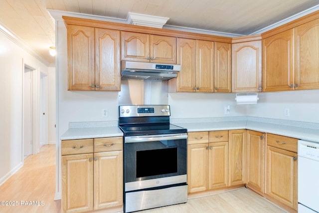 kitchen with white dishwasher, stainless steel electric range oven, light hardwood / wood-style flooring, and ornamental molding