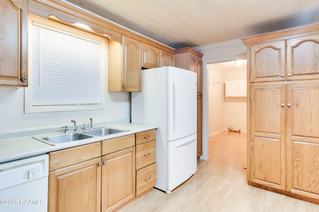 kitchen featuring sink, light brown cabinets, white appliances, ornamental molding, and light hardwood / wood-style flooring