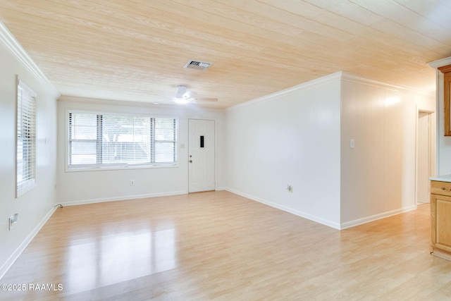 unfurnished room with ornamental molding, ceiling fan, light hardwood / wood-style floors, and wood ceiling