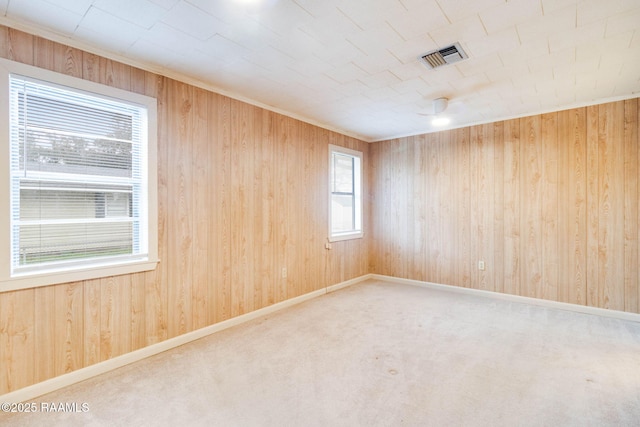 empty room with wood walls and carpet floors