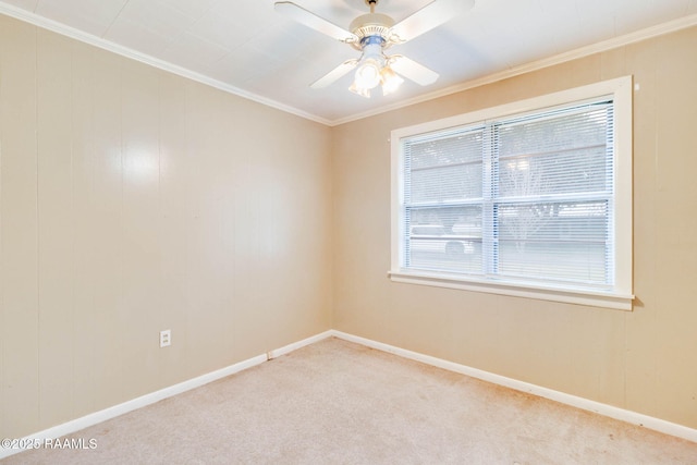 carpeted empty room with ceiling fan and crown molding