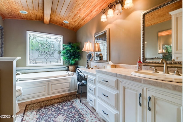 bathroom featuring a tub to relax in, lofted ceiling with beams, wooden ceiling, and vanity