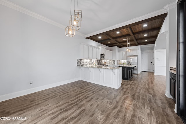 kitchen with white cabinetry, coffered ceiling, wooden ceiling, appliances with stainless steel finishes, and pendant lighting