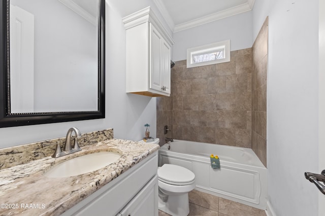 full bathroom with toilet, vanity, tile patterned floors, tiled shower / bath combo, and ornamental molding