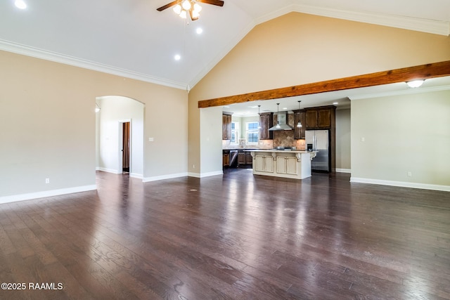 unfurnished living room featuring crown molding, dark wood-type flooring, high vaulted ceiling, and ceiling fan