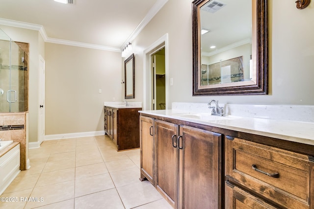 bathroom with independent shower and bath, vanity, ornamental molding, and tile patterned floors