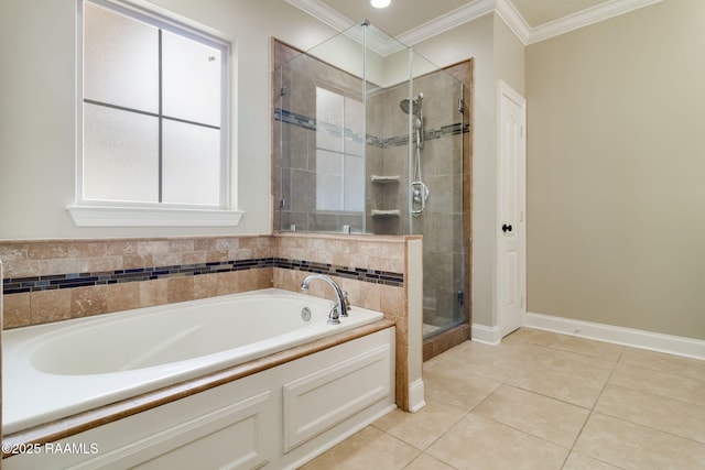 bathroom with tile patterned flooring, ornamental molding, and independent shower and bath