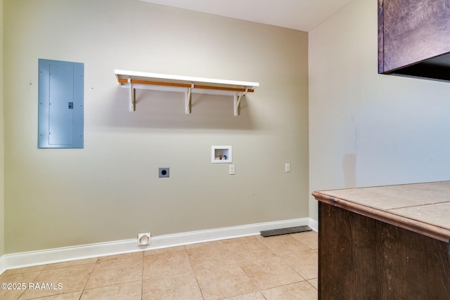 washroom with hookup for a washing machine, light tile patterned flooring, hookup for an electric dryer, and electric panel