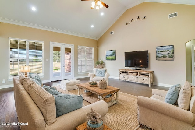 241 Lana Rd, Opelousas, LA 70570 - living room featuring wood finished floors, ornamental molding, a ceiling fan, baseboards, and high vaulted ceiling
