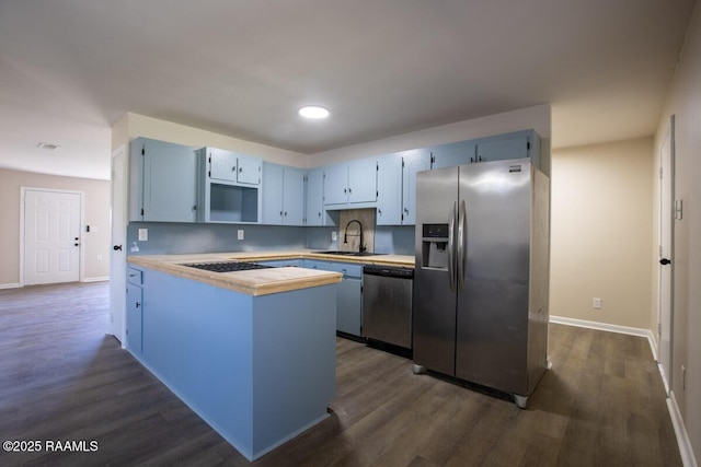 kitchen featuring kitchen peninsula, dark hardwood / wood-style flooring, sink, and stainless steel appliances