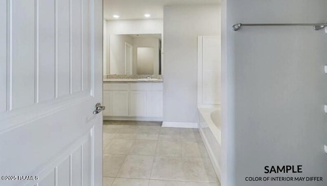 bathroom with separate shower and tub, vanity, and tile patterned floors