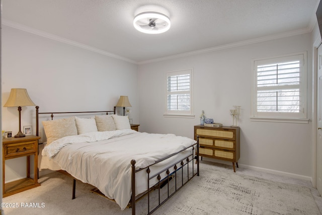 carpeted bedroom with crown molding