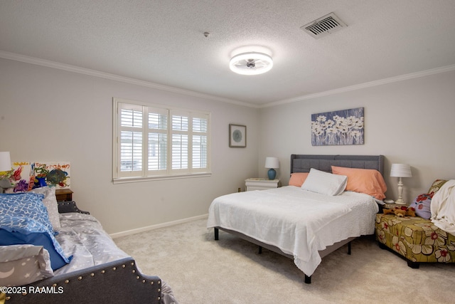 carpeted bedroom with crown molding and a textured ceiling