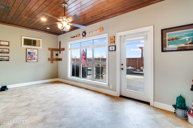 doorway to outside featuring wooden ceiling and ceiling fan