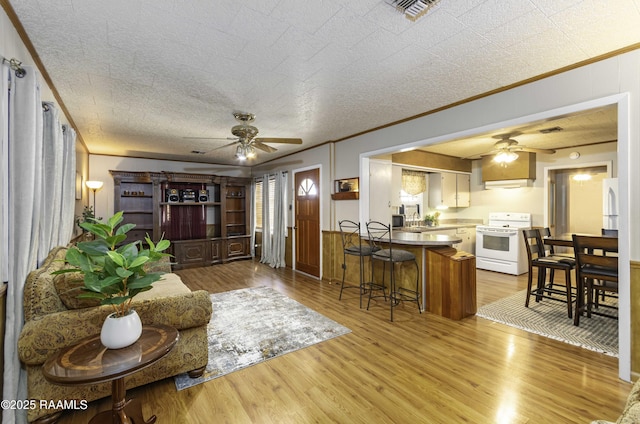 living room with light hardwood / wood-style floors, sink, ornamental molding, and ceiling fan