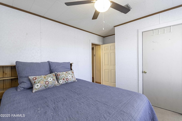 bedroom with light carpet, ceiling fan, and ornamental molding