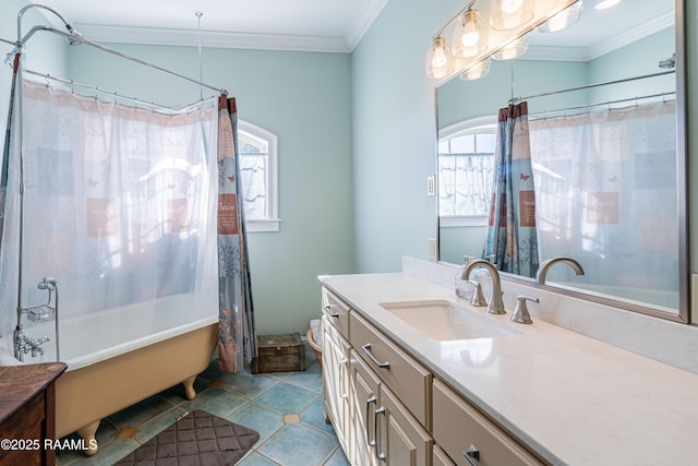 bathroom featuring tile patterned floors, crown molding, vanity, and shower / bath combo with shower curtain