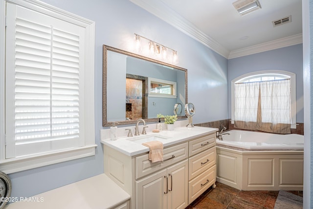 bathroom with ornamental molding, visible vents, and vanity