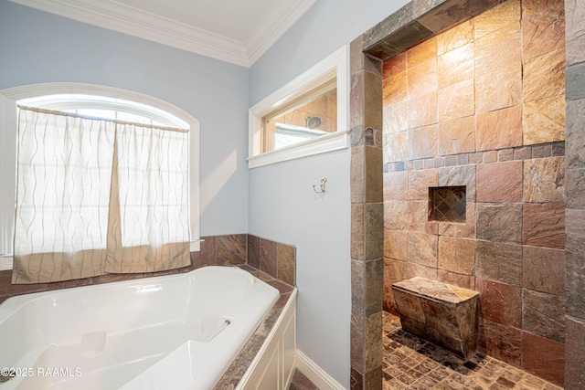 full bathroom featuring a garden tub and ornamental molding