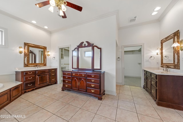 bathroom with tile patterned flooring, ornamental molding, vanity, and ceiling fan