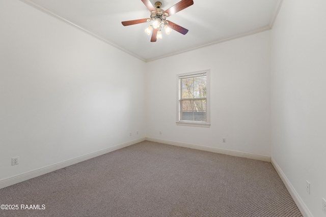 empty room with ornamental molding, ceiling fan, and carpet