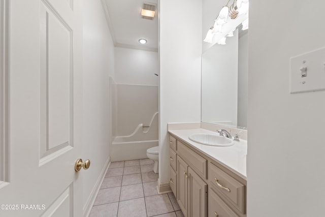 full bathroom with crown molding, shower / tub combination, tile patterned flooring, vanity, and toilet