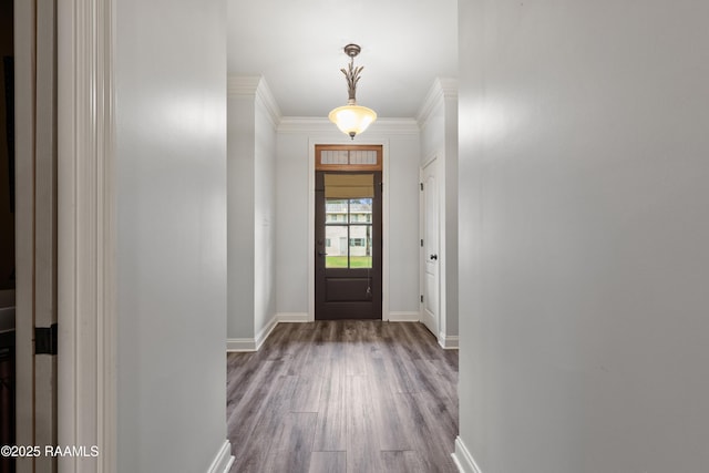 doorway to outside featuring wood-type flooring and crown molding