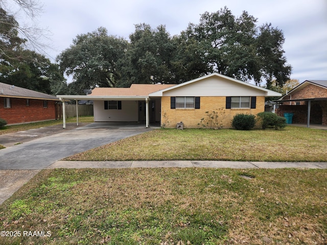 ranch-style home featuring a carport and a front lawn