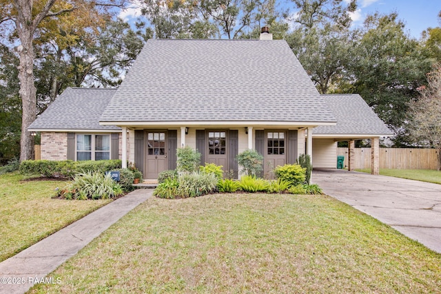 view of front of home with a front yard and a carport