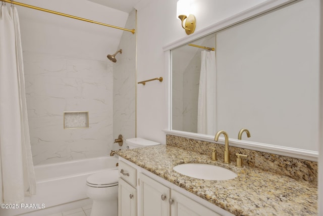 full bathroom featuring toilet, tile patterned flooring, shower / tub combo, and vanity