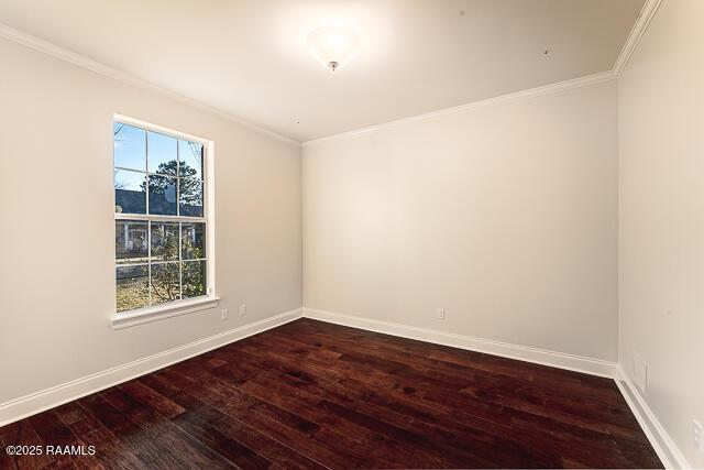 empty room featuring dark wood-type flooring, a wealth of natural light, and crown molding