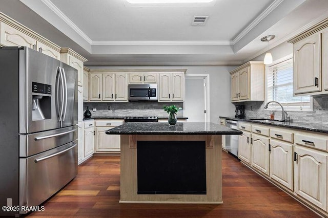 kitchen with sink, appliances with stainless steel finishes, a raised ceiling, a kitchen island, and dark stone counters