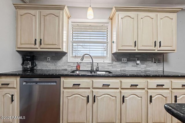 kitchen featuring light brown cabinetry, sink, dishwasher, pendant lighting, and backsplash