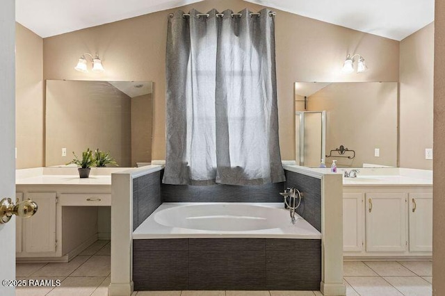 bathroom featuring tile patterned flooring, vanity, and independent shower and bath