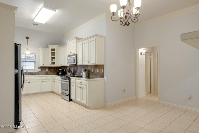 kitchen featuring decorative backsplash, light tile patterned flooring, hanging light fixtures, stainless steel appliances, and ornamental molding