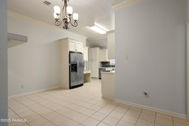 kitchen with dishwasher, crown molding, white cabinetry, stainless steel fridge with ice dispenser, and light tile patterned floors